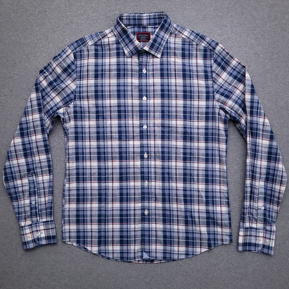 UNTUCKit Button Up Shirt Mens Medium Slim Fit Wrinkle Free Blue Plaid Cotton